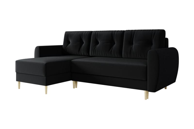 Bornalle 3-sits L-formad Bäddsoffa 130x200 cm med Förvaring i Plysch, Svart