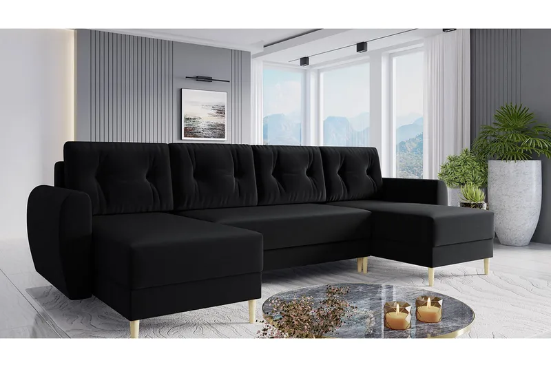 Bornalle 3-sits U-formad Bäddsoffa med Förvaring i Plysch - Svart - Möbler - Soffa - Bäddsoffa - Bäddsoffa divan