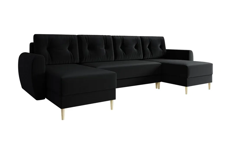 Bornalle 3-sits U-formad Bäddsoffa med Förvaring i Plysch, Svart