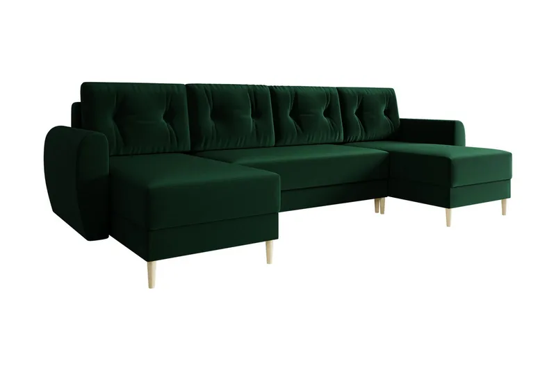 Bornalle 3-sits U-formad Bäddsoffa med Förvaring i Plysch, Grön