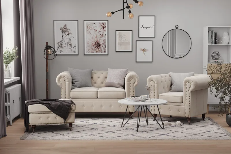 Chesterfield Deluxe Sammetssoffa 2-sits - Beige - Möbler - Soffa - Sammetssoffa