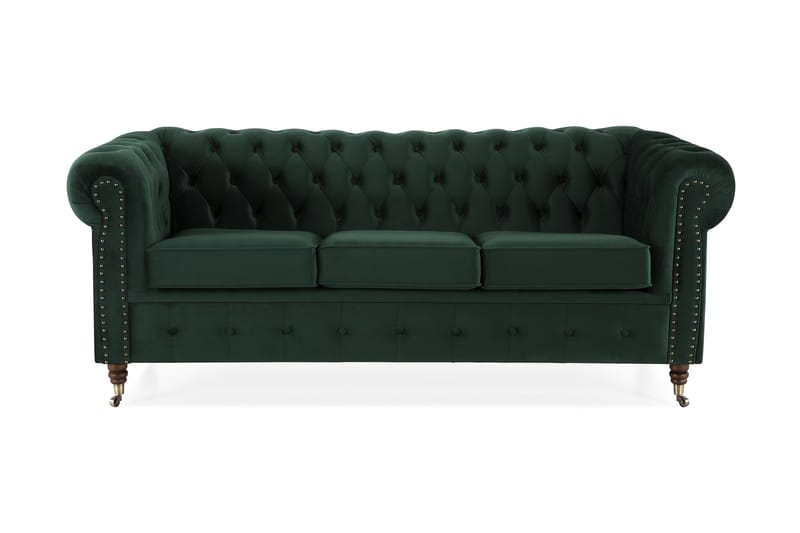 Chesterfield Deluxe Sammetssoffa 3-sits - Mörkgrön - Chesterfield soffa - 3 sits soffa - Sammetssoffa