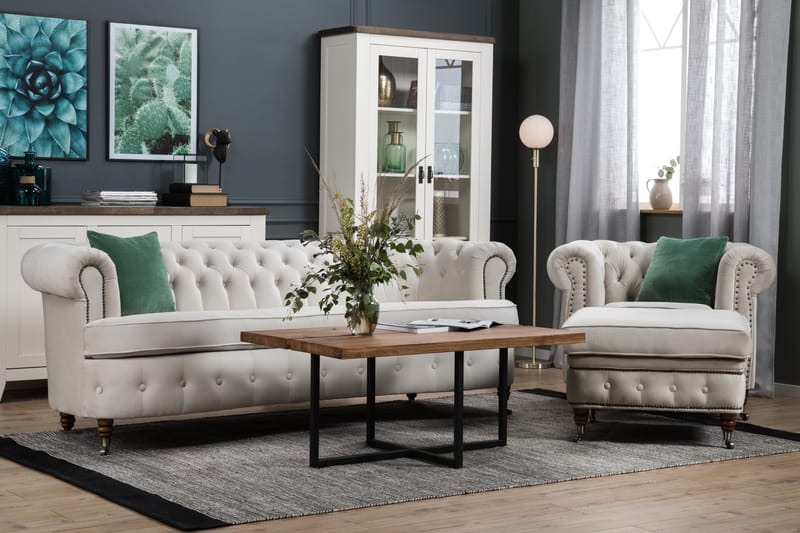 Chesterfield Deluxe Sammetssoffa 3-sits Svängd - Beige - Möbler - Soffa - Sammetssoffa