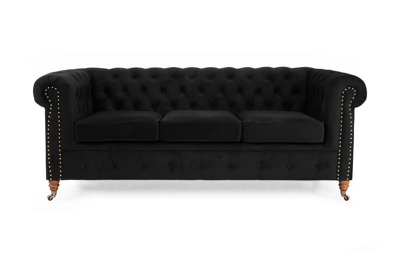 Chesterfield Deluxe Sammetssoffa 3-sits - Svart - Chesterfield soffa - 3 sits soffa - Sammetssoffa