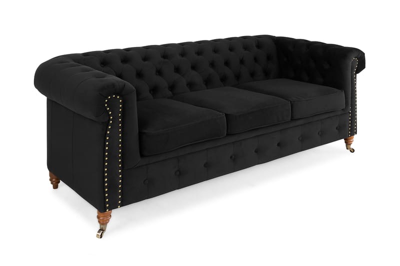 Chesterfield Deluxe Sammetssoffa 3-sits - Svart - Chesterfield soffa - 3 sits soffa - Sammetssoffa