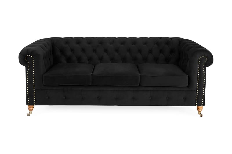 Chesterfield Deluxe Sammetssoffa 3-sits - Svart - Chesterfield soffa - 3 sits soffa - Sammetssoffa