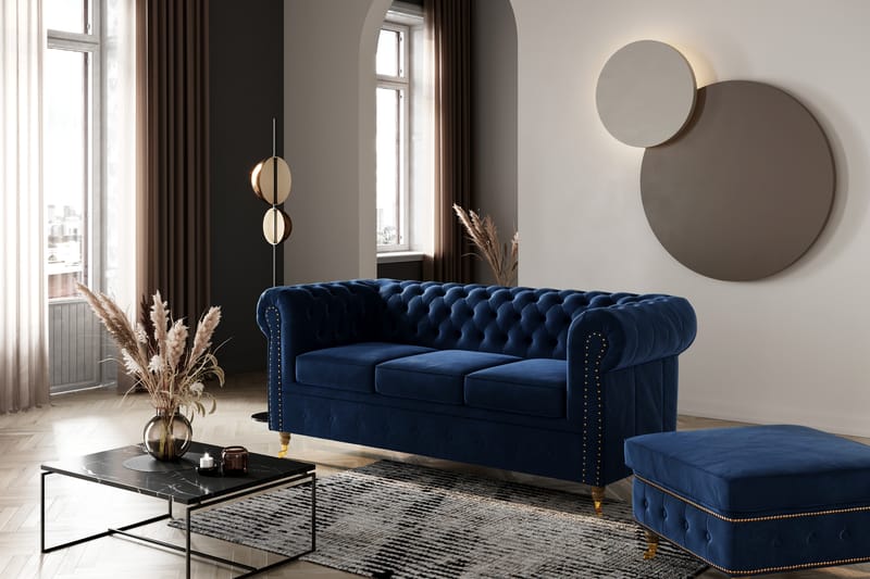 Chesterfield Deluxe Sammetssoffa 3-sits - Petrolblå - Möbler - Soffa - Sammetssoffa