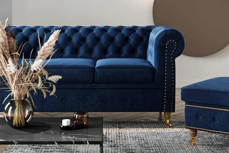 Chesterfield Deluxe Sammetssoffa 3-sits - Petrolblå - Möbler - Soffa - Sammetssoffa