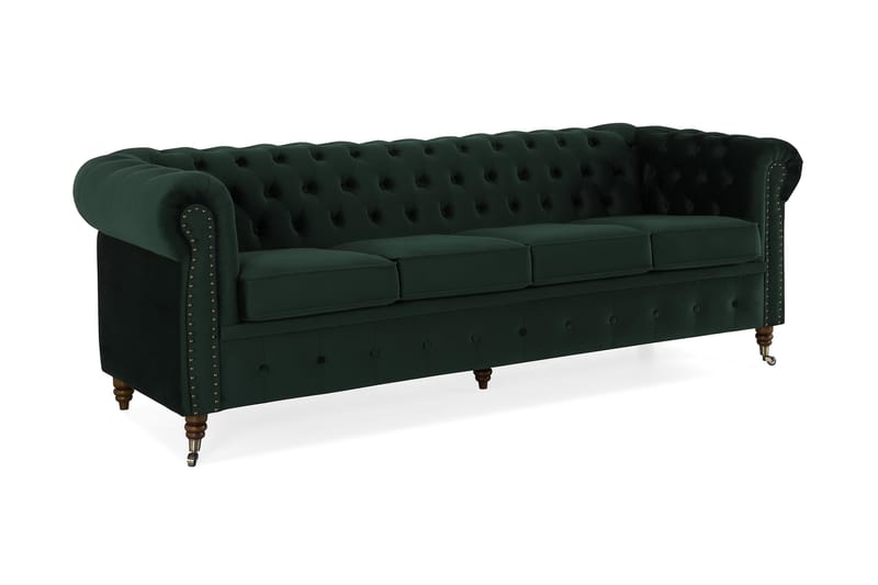 Chesterfield Deluxe Sammetssoffa 4-sits - Mörkgrön - Chesterfield soffa - 4 sits soffa - Sammetssoffa