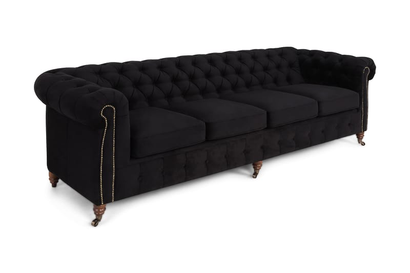 Chesterfield Deluxe Sammetssoffa 4-sits - Svart - Chesterfield soffa - 4 sits soffa - Sammetssoffa