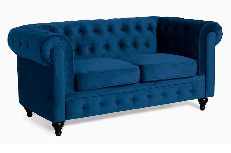 Chesterfield Lyx 2-sits Liten sammetssoffa - Djup soffa 160 cm bred - Blå Sammet - Möbler - Soffa - 2 sits soffa