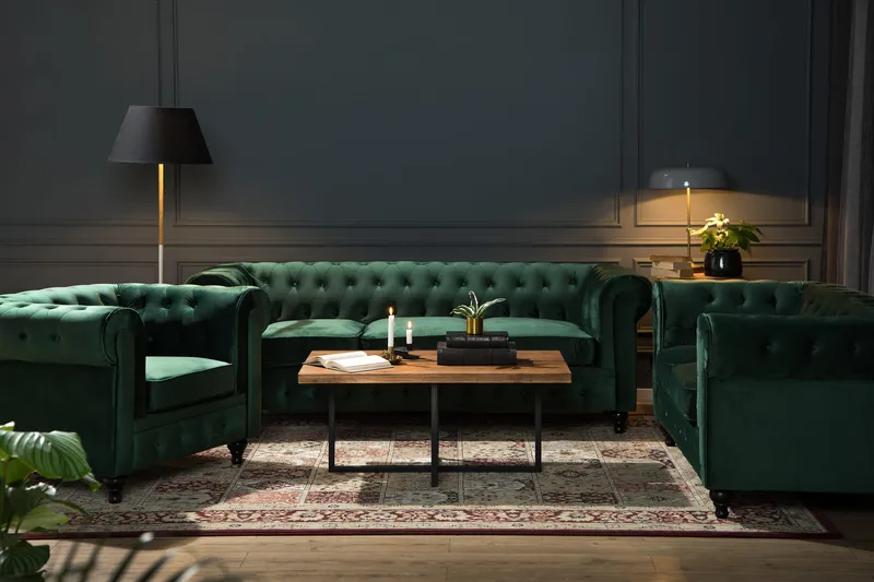 Chesterfield Lyx 2-sits Liten sammetssoffa - Djup soffa 160 cm bred - Grön - Möbler - Soffa - Sammetssoffa