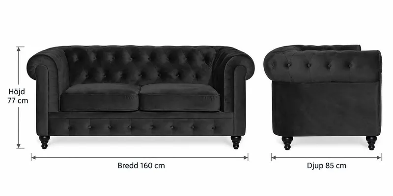 Chesterfield Lyx 2-sits Liten sammetssoffa - Djup soffa 160 cm bred - Svart - Möbler - Soffa - Sammetssoffa