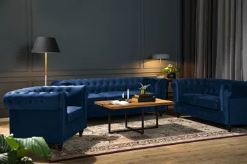 Chesterfield Lyx 3-sits Sammetssoffa - Djup soffa - Blå - Möbler - Soffa - Sammetssoffa