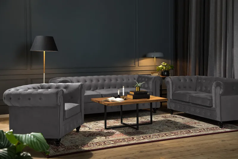 Chesterfield Lyx 3 sits Sammetssoffa - Djup soffa - Mörkgrå / Grå - Möbler - Soffa - Sammetssoffa