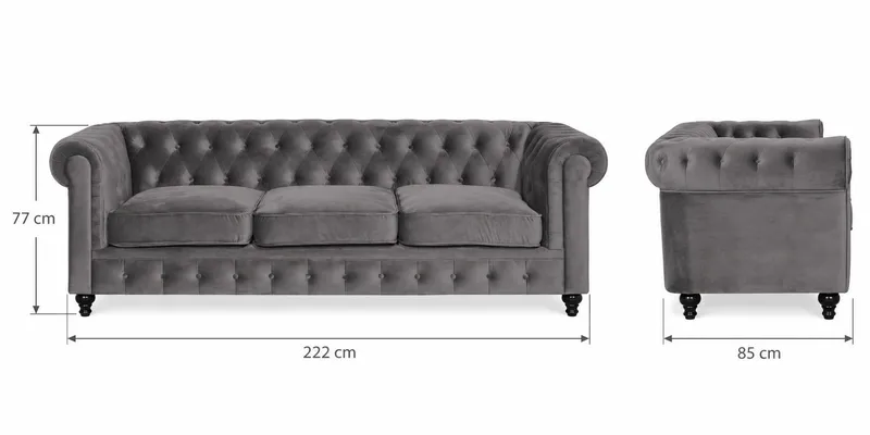 Chesterfield Lyx 3 sits Sammetssoffa - Djup soffa - Mörkgrå - Möbler - Soffa - Sammetssoffa