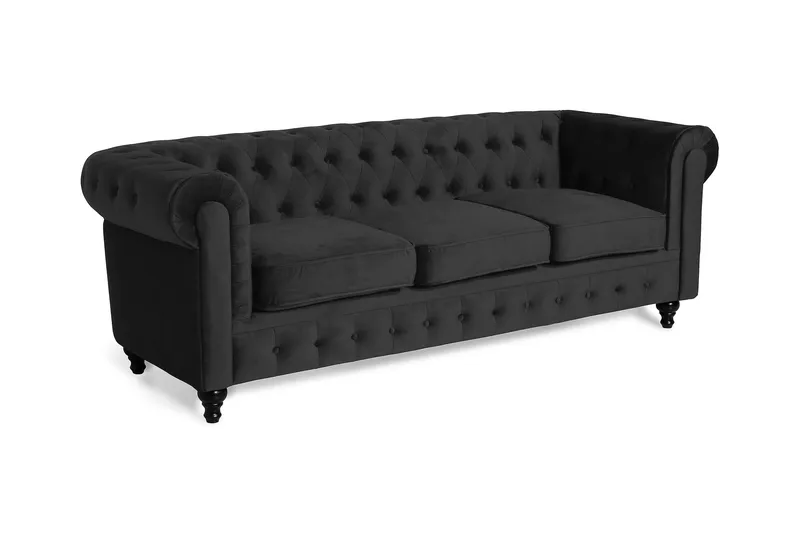 Chesterfield Lyx 3-sits Sammetssoffa - Djup soffa - Svart - Möbler - Soffa - Sammetssoffa