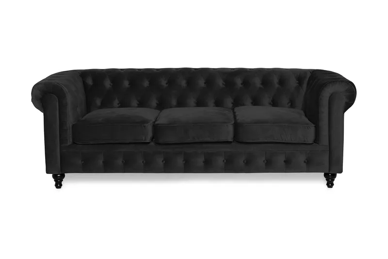 Chesterfield Lyx 3-sits Sammetssoffa - Djup soffa, Svart