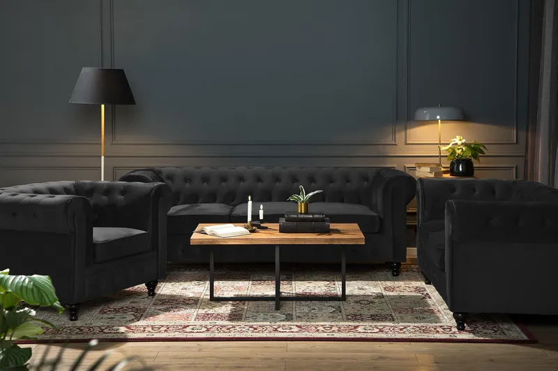 Chesterfield Lyx 3-sits Sammetssoffa - Djup soffa - Svart - Möbler - Soffa - Sammetssoffa