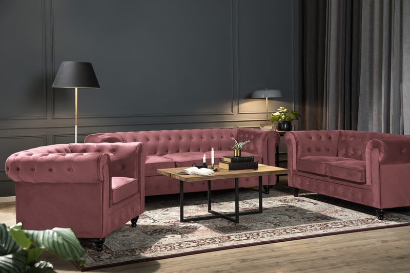 Chesterfield Lyx Sammetssoffa 2-sits - Rostrosa - Möbler - Soffa - Sammetssoffa
