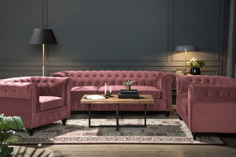 Chesterfield Lyx Sammetssoffa 2-sits - Rostrosa - Möbler - Soffa - Sammetssoffa