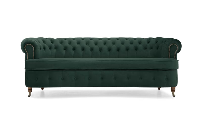 Chesterfield Sammetssoffa 3-sits Svängd - Mörkgrön - Chesterfield soffa - 3 sits soffa - Sammetssoffa