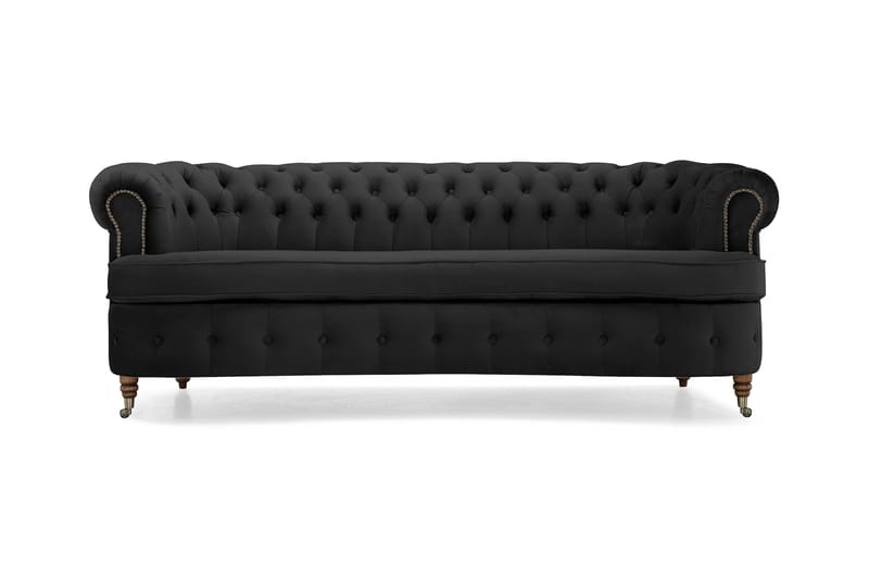 Chesterfield Sammetssoffa 3-sits Svängd - Svart - Chesterfield soffa - 3 sits soffa - Sammetssoffa