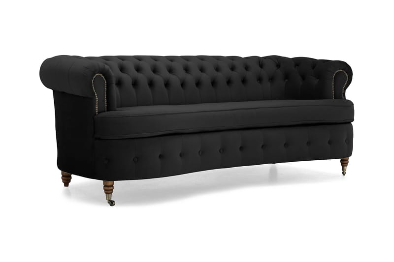 Chesterfield Sammetssoffa 3-sits Svängd - Svart - Chesterfield soffa - 3 sits soffa - Sammetssoffa