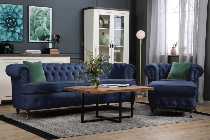 Chesterfield Sammetssoffa 3-sits Svängd - Petrolblå - Möbler - Soffa - Sammetssoffa
