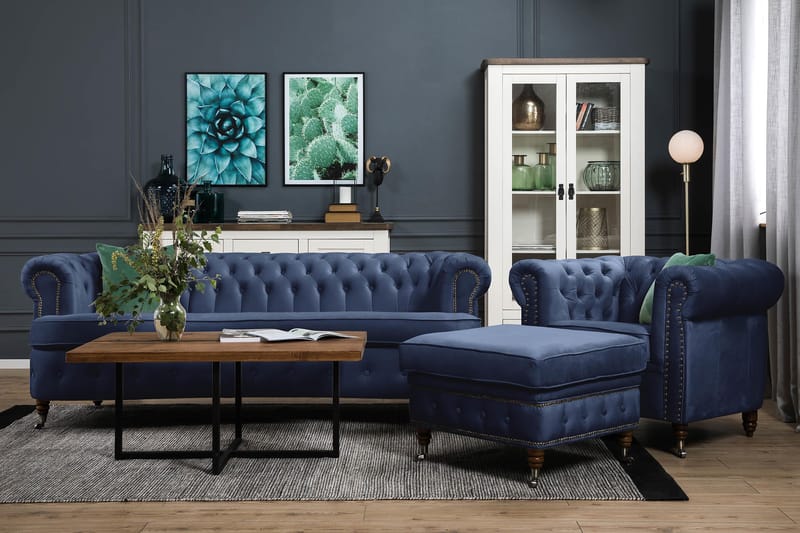 Chesterfield Sammetssoffa 3-sits Svängd - Petrolblå - Möbler - Soffa - Sammetssoffa
