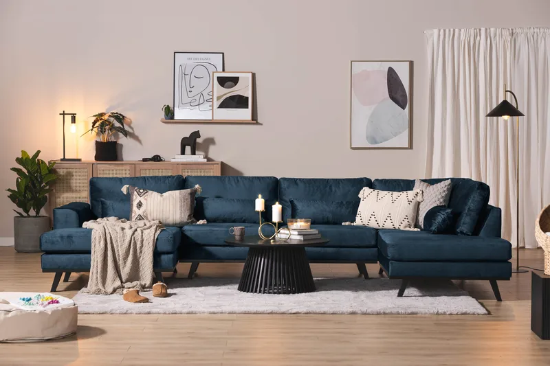 Copenhagen 5-sits Högervänd U-formad Soffa med Divan och Schäslong i Sammet - Blå - Möbler - Soffa - Sammetssoffa