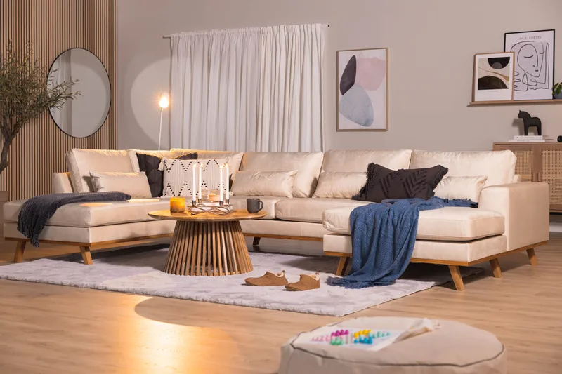 Copenhagen 5-sits Vänstervänd U-formad Soffa med Divan och Schäslong i Sammet - Beige - Möbler - Soffa - Sammetssoffa