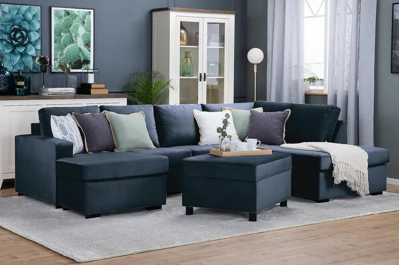 Crazy 4-sits Högervänd U-formad Large Soffa med Divan och Schäslong i Sammet - Blå - Möbler - Soffa - U-soffa