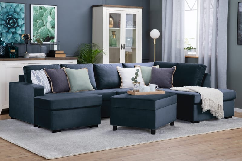 Crazy 4-sits Högervänd U-formad Large Soffa med Divan och Schäslong i Sammet - Blå - Möbler - Soffa - U-soffa