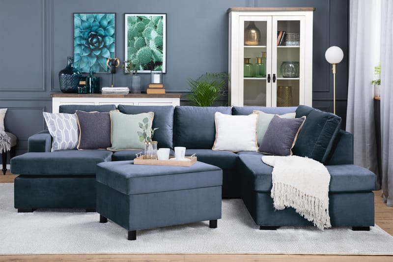 Crazy 4-sits Högervänd U-formad Large Soffa med Divan och Schäslong i Sammet - Blå - Möbler - Soffa - U-soffa
