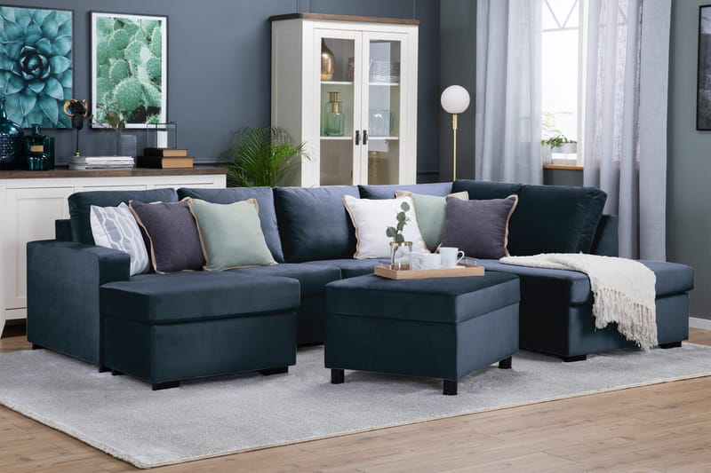Crazy 4-sits Högervänd U-formad Large Soffa med Divan och Schäslong i Sammet - Blå - Möbler - Soffa - U-soffa