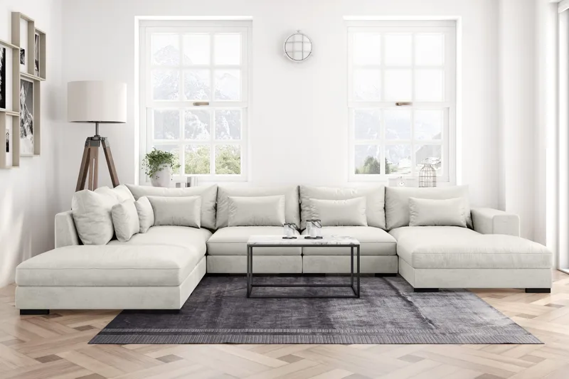 Dubai U-modulsoffa med Divan Höger Sammet Extra Djup - Vit - Möbler - Soffa - Modulsoffor - Komplett modulsoffa