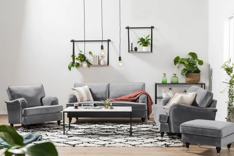Howard soffa utan divan & schäslong Bloomington Howard Classic Sammetssoffa 3-sits Vera 2, Grå Sammet - Möbler - Soffa - 3 sits soffa