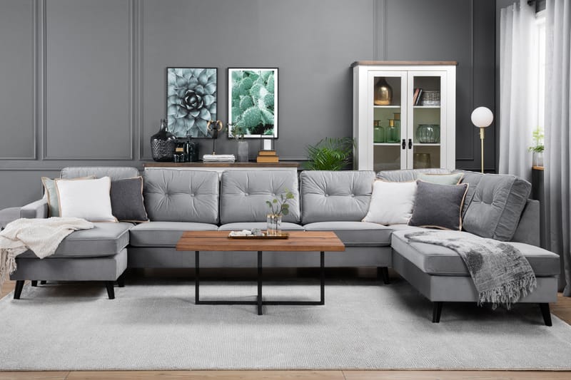 Monroe 6-sits Högervänd U-formad Soffa med Divan och Schäslong i Sammet - Ljusgrå - Möbler - Soffa - Sammetssoffa