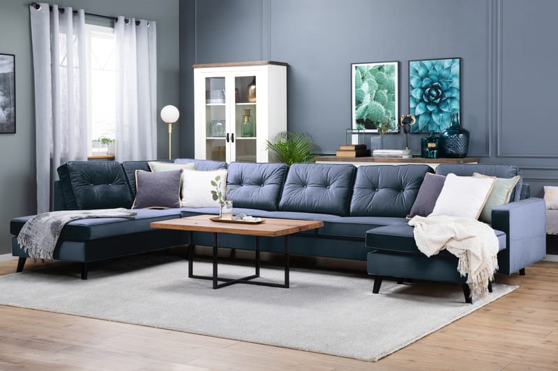 Monroe 6-sits Vänstervänd U-formad Large Soffa med Divan och Schäslong i Sammet - Blå - Möbler - Soffa - Sammetssoffa