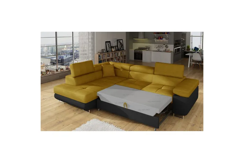 Sektionssoffa Eltap Anton 272x203x85 cm - Omega 68, Soft 11, Gul, Svart, Vänster - M öbler - Soffa - Bäddsoffa