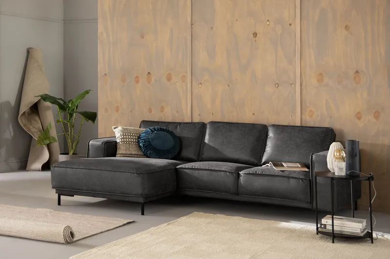 Akron 2-sits Soffa med Divan Vänster Bondedläder - Mörkgrå - Möbler - Soffa - Skinnsoffor