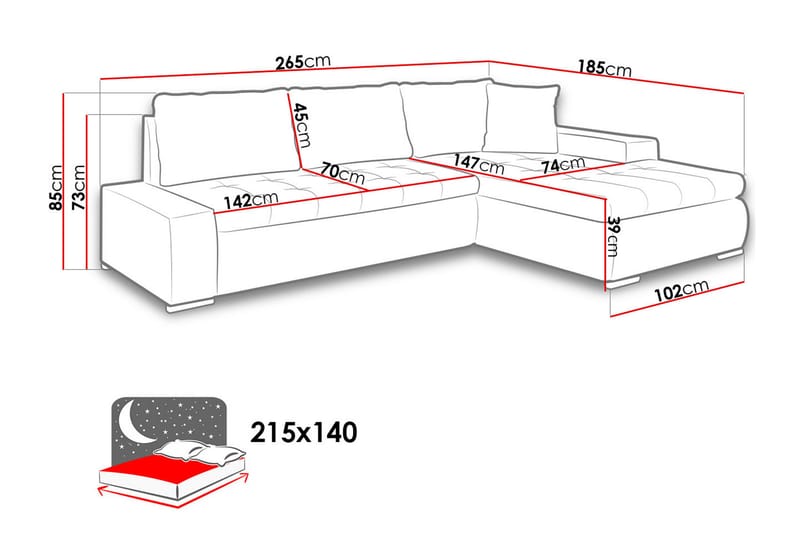 Cerys Divanbäddsoffa 265x185x85 cm Universal - Grå/Vit - Möbler - Soffa - Skinnsoffor