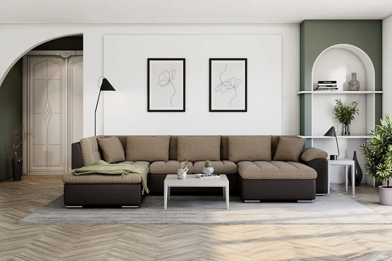 Dynir Hörnbäddsoffa Divan med Förvaring Höger - Beige/Brun - Möbler - Soffa - Skinnsoffor