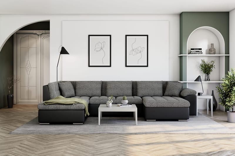 Dynir Stor Hörnbäddsoffa Divan med Förvaring Höger 350 cm - Svart / Grå - Möbler - Soffa - Skinnsoffor