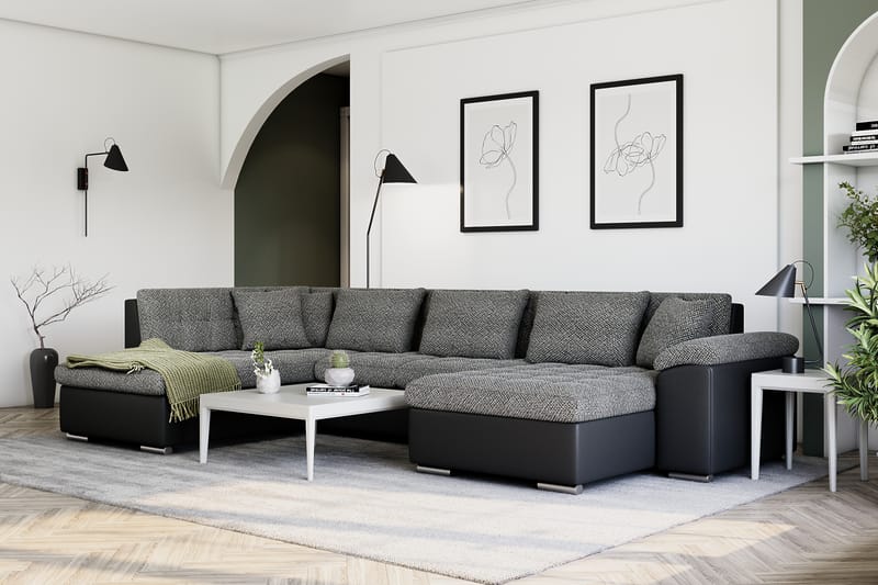 Dynir Stor Hörnbäddsoffa Divan med Förvaring Höger 350 cm - Svart / Grå - Möbler - Soffa - Skinnsoffor