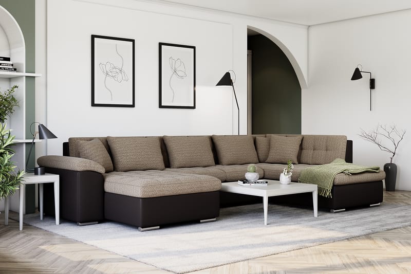 Dynir Stor Hörnbäddsoffa Divan med Förvaring Vänster 350 cm Bred - Beige / Brun - Möbler - Soffa - Skinnsoffor
