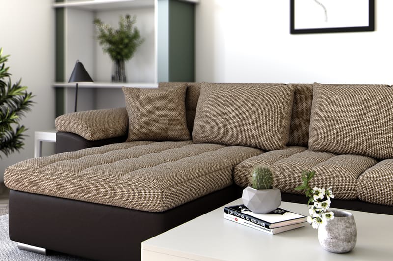 Dynir Stor Hörnbäddsoffa Divan med Förvaring Vänster 350 cm Bred - Beige / Brun - Möbler - Soffa - Skinnsoffor