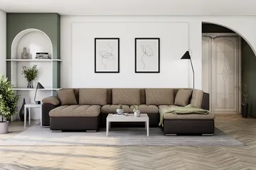 Dynir Stor Hörnbäddsoffa Divan med Förvaring Vänster 350 cm Bred - Beige / Brun - Möbler - Soffa - Skinnsoffor
