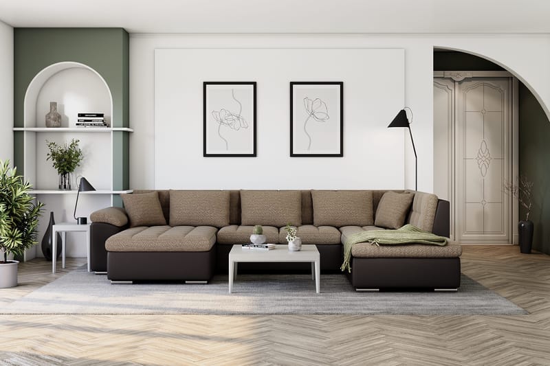 Dynir Stor Hörnbäddsoffa Divan med Förvaring Vänster 350 cm Bred - Beige / Brun - Möbler - Soffa - Skinnsoffor